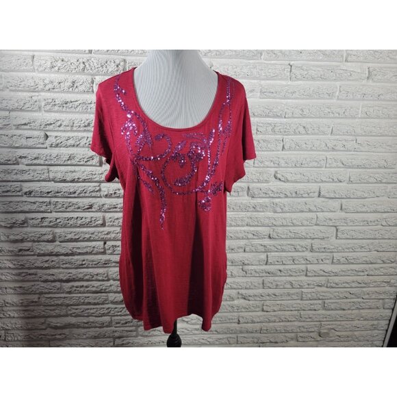 Coldwater Creek Womens Top 1X 18 Plus Tee Short Sleeve Red Sequins RED4E - Picture 1 of 7